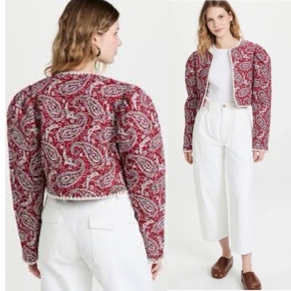 Sea NY Theodora Red Quilted Cropped Jacket Puff Shoulder Paisley - Picture 2 of 12